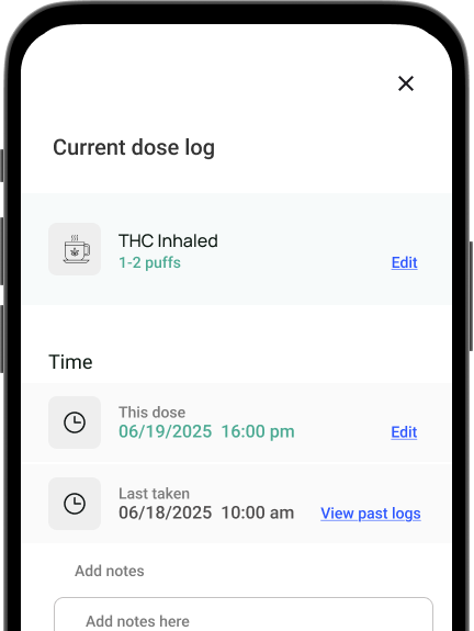YPD’s dose log app screen displaying a dose entry with date and time and a link to view past logs.